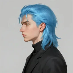 side profile of ilya kuvshinov with long hair, sky blue hair, gold hazel eyes, high collar, black jacket, professional digital painting, concept art, award - winning photography, cinematic, stained glass window, wlop, art by pixiv art, yoshitaka amano, junki ito