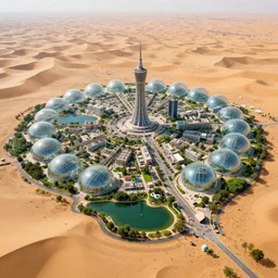 massive desert with an ecological city inside a glass domes with huge lakes and crowded paths, green lush vegetation, hyperdetailed, artstation, cgsociety, 8 k