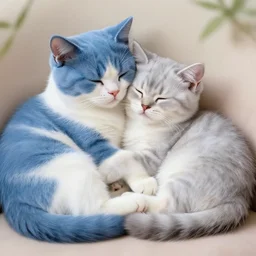 Blue and white short Tom cat and silver gradient cat sleep together ,by Thomas Kinkade