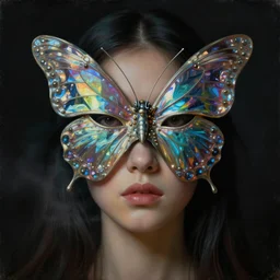 a neoclassicist close - up portrait of a an otherworldy person with a retrofuturistic butterfly mask. iridescent reflective alien textures around. foggy black background. highly detailed science fiction painting by norman rockwell, frank frazetta, syd mead and moebius. rich colors, high contrast, gloomy atmosphere, dark background. trending on artstation.