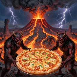 masked demons grabbing a large pizza!!!, in the background is a volcano spewing lava and black smoke, streams of glowing hot lava, flashes of lightning in the distance. wide angle, long shot, an ultrafine detailed painting by tove jannson, deviantart, pop surrealism