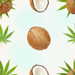 pattern with coconuts and marijuana leaves in pastel colours
