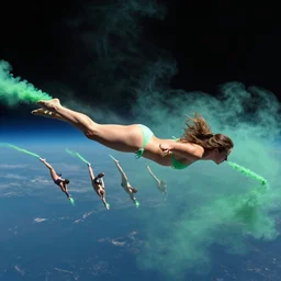 4 k photo of girl in bikini flying in space and smoke green bong, background in space