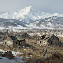 ruined village, with the snowy mountains in the background, art by martin deschambault and sergey kolesov and sparth