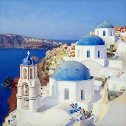 cubism art print painting of Santorini, by Andre Baldet, gouache painting, high definition, digital art,
