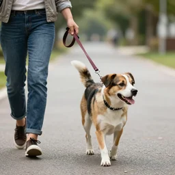 Photorealistic picture of a dog taking his human out for a walk on a leash