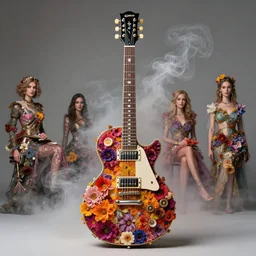 high intricate detailed commercial photo of a gibson electric guitar covered in colorful flowers and smoke, golden ratio, rule of thirds, flowerpunk, majestic, elegant, by lea leonowicz, by maks trofimov, by jenny brozek, by johannes wessmark