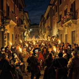 streets of rome during carnival at night in 1 7 9 9, painted in the style of caravaggio, with crowds carrying small torches, trying to extinguish those of the neighbors, everybody masked, crowded decorated and lit balconies, great joy and mess
