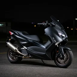 photo of a yamaha tmax scooter, dark night scenario, black matte paintjob, tiranium racing exhaust, studio light, 8 5 mm, f / 1. 3