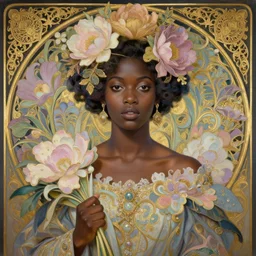 queen, african woman, flowers, dark pastel color scheme, jugendstil background, gold filigree, by karol bak, by emil melmoth, by daniel gerhartz, intricate, highly detailed, digital painting, artstation, concept art, smooth, sharp focus, illustration