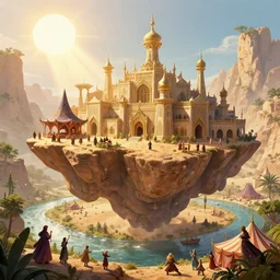 fantasy town ornate,  arabic elements, sand,  on a flying rock, jangjiajie, shining sun, witch hut, circus, river, guilds, magic, sunlight rays, with  trees and plants around  Darek Zabrocki, Karlkka, trending on Artstation, 8K