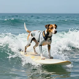 cyborg dogs on surfboards surfing on waves in the ocean, digital painting