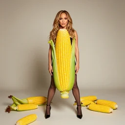 full body photo of jennifer lopez, she is wearing a funny kid's hallowen costume of corn on a cob, studio lighting, corn on a cob is everywhere