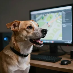 barking angry dog looking at monitor photo dramatic lighting
