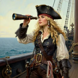 a fierce, beautiful, friendly, calm, blonde, well - dressed, steampunk, covered, armed, pirate captain, standing on the deck of her ship gazing at the horizon through a spyglass ready for battle in 1 7 3 0, detailed award - winning time - less painting