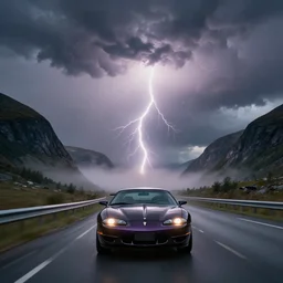 pontiac firebird trans - am driving towards the camera, norway mountains, cinematic, motionblur, volumetric lighting, foggy, wide shot, low angle, large lightning storm, thunder storm, tornado