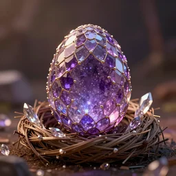in the magic nest, a beautiful distinct mystical amethyst egg covered with huge electroplated glossy scales, in the magic ， translucent, magic light dust, crystalized., crystalized. symmetrical. game asset, octane render, depth of field, artstation, by greg rutkowski, beeple, in dark, warm toplight 8 k