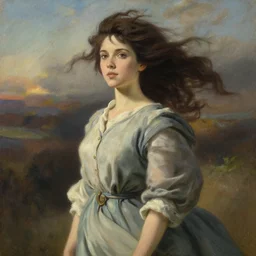 painting of a beautiful woman staying in the wind with her dress blowing in the wind, highly detailed, by john william waterhouse, studio ghibli artstation, surreal, dramatic lighting, close up