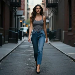 a beauty woman walking on a dark city alley new york, full body, jeans and top tank, 8 k, hyperrealistic, hyperdetailed, fantasy portrait by laura sava
