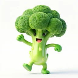 a 3d render of a smiling happy broccoli, he is dancing, vivid bright colors