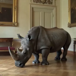 a rhinoceros in a washy neoclassical room, by mini dv camera, very low quality, heavy grain, blurry, caught on trail cam