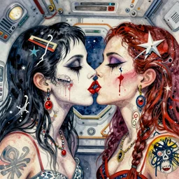 watercolor painting of two bizarre psychedelic goth women kissing each other closeup in a space station in japan, speculative evolution, mixed media collage by basquiat and jackson pollock, maximalist magazine collage art, sapphic art, lesbian art, chemically damaged