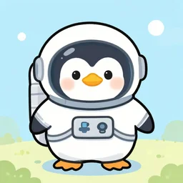 cute drawing of a penguin on an astronaut suit, comic style