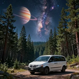 psychedelic, trippy, dodge grand caravan, pine forest, planets, milky way, cartoon by rob gonsalves