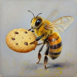 human bee chimera wearing holding a big cookie oil on canvas