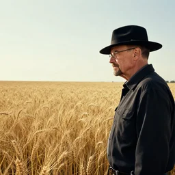 extreme long shot of walter white wearing a black hat facing gustavo fring from a distance in a wheat field, insanely detailed, low angle, side view, perfect angle, 8 5 mm photograph, 8 k resolution, wide shot, sharp lens, cinematic