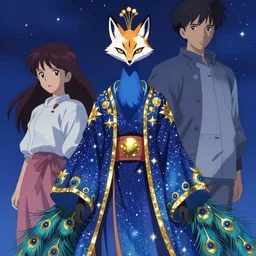 portrait from an anime of an ethereal colorful blue starry night peacock fox, accented in bright metallic gold, wearing star filled magic imbued mage robes, art by yuji ikehata and akino matsuri, background art by miyazaki and satoshi kon, realism, proper human proportions, fully clothed, vhs