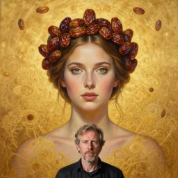 epic painting, full figure portrait of beautiful goddess with dried dates crown, golden glow background, drawing, photography by amy leibowitz, wlop, jeremy lipkin, beeple, intricate golden fractals, team leaves flying in the sky, symmetrical front portrait, artgerm