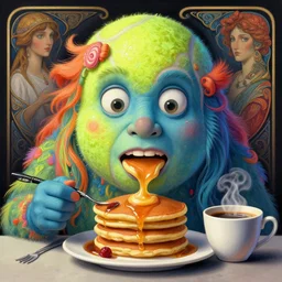 a tennis ball monster eating pancakes drinking coffee, colorful, surreal, dramatic lighting, face, detailed, intricate, elegant, highly detailed, digital painting, artstation, chalk, concept art, smooth, sharp focus, illustration, art by sam spratt, dan mumford, artem demura and alphonse mucha