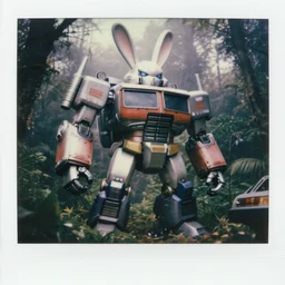 low saturation photograph!! giant oversized rabbit robot fusion with robo - mecha - delorean chubby mech transformers, in forest jungle, cinematic focus, polaroid photo, vintage, neutral dull colors, soft lights, foggy, overcast by oleg oprisco, by thomas peschak, by discovery channel, by victor enrich, by gregory crewdson