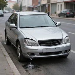 леее куда прешь cheap silver paint sedan car, broken front, front view, heavy drain, hyperrealistic render, daylight, ray tracin, street photo - - q 0. 5