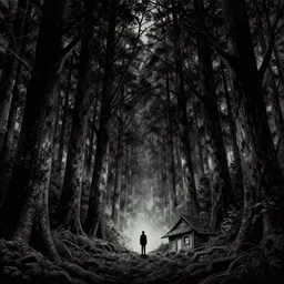 lonely man, dark forest, alone in the woods, rotogravure, dark, majestic, powerful, dark fantasy manga artstyle, by julius schnorr von carolsfeld and inoue takehiko, small cabin