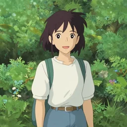 Character portrait of a young woman in a lush park, highly detailed, cel shading, Studio Ghibli still, by Makoto Shinkai and Akihiko Yoshida