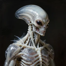 matte painting portrait of transparent plastic ribbed alien covered with ribs white mechanical spines white muscle tissue, lucid dream - like heavy atmosphere, baroque painting, harsh flash photo, perfect composition, detailed octane render trending on artstation, 8 k artistic photography, volumetric cinematic perfect light, chiaroscuro, masterpiece, raphael, caravaggio, beksinski, rutkowski, beeple