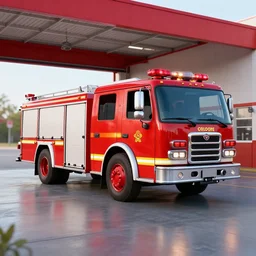 a firetruck in a firestation. octane render.