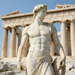 Beautiful HD render of a muscular Greek Marble statue with the Parthenon in the background