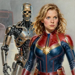 realistic portrait beautiful painting from scene in the terminator movie, when robot turned into captain marvel. horror, created by thomas kinkade and gustave courbet, fine draw, high detailed, fine lighting, smooth draw, no anomaly.