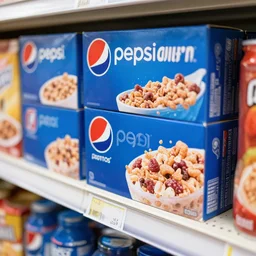 boxes of pepsi - cola brand breakfast cereal on a store shelf
