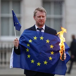 nigel thornbury holding a burning eu flag