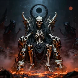 death metal god sitting on a throne of bones, black hole halo, demon ghosts around, lava mist, surreal, haunted, in the photographic style of don mccullin, flash photo, realism, intricate, bokeh, damned