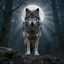 A wolf with the face of a raven perched on a cliff's edge looking straight ahead, intimidating, rays of moonlight illuminating a forest backdrop