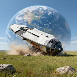 a high-quality realistic photograph of a spaceship crashing to earth, crashing into a field with short grass and some rocks