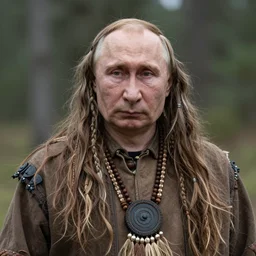 a portrait photograph of Vladimir Putin as a tribal shaman from the stone age, DSLR photography