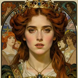realistic detailed face portrait of Jennifer Connelly as a beautiful young regal majestic Medieval Queen by Alphonse Mucha, Ayami Kojima, Amano, Charlie Bowater, Karol Bak, Greg Hildebrandt, Jean Delville, and Mark Brooks, Art Nouveau, Neo-Gothic, gothic, rich deep moody colors