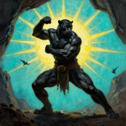 muscular black panther barbarian hunter  full body fighting pose, sun rays , small bird sihouettes  in cyan background , very textured detailed  oil painting by rembrandt , hard backlight , in dark cave