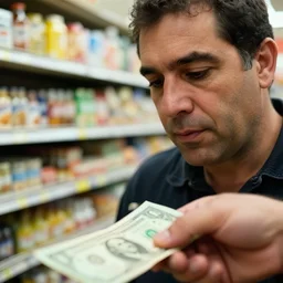 closeup portrait of a man paying with a giant dollar bill at a grocery store, by Steve McCurry and David Lazar, natural light, detailed face, CANON Eos C300, ƒ1.8, 35mm, 8K, medium-format print